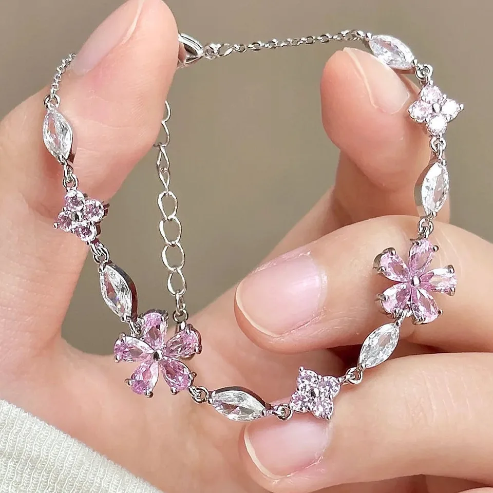 Elegantné krištáľové kvety náramok pre ženy Y2K Sladké dievčatá Mesiac čerešňový kvet luk zirkón náramky luxusný dizajnér šperky darček