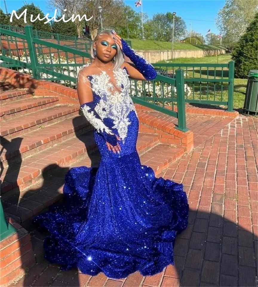 Elegantné kráľovské modré plesy šaty plus veľkosť morská panna korálkové flitrové večerné šaty pre čierne ženy iskrivé narodeninové oslavy prispôsobené