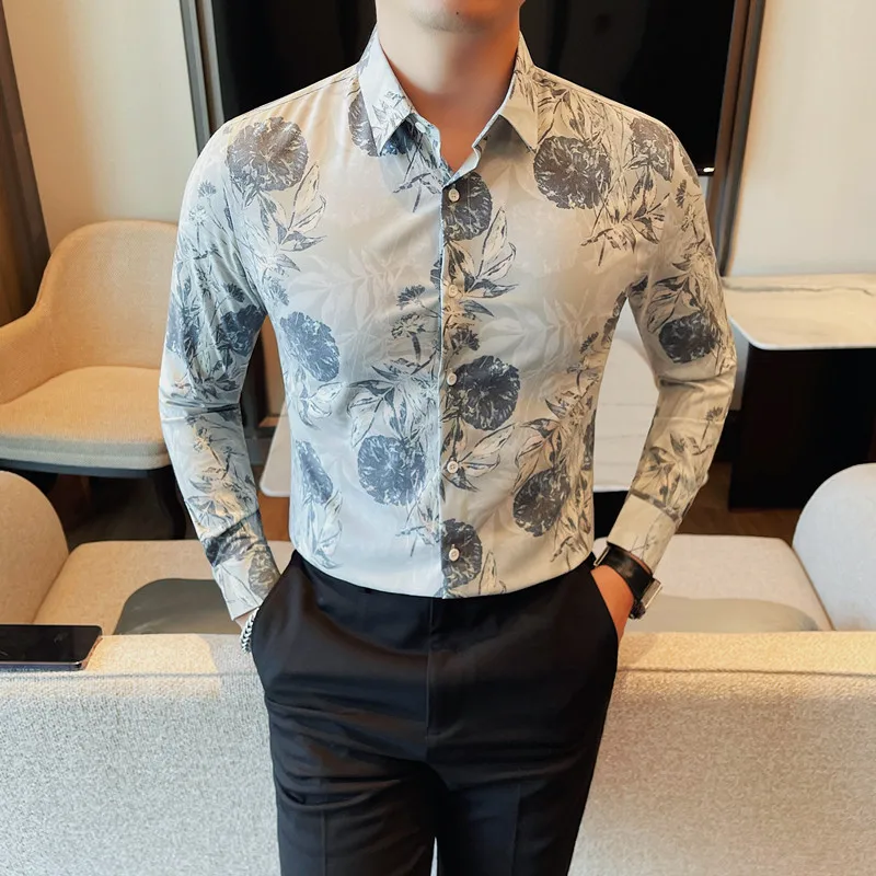 Elegantné kvetinové košele pre mužov Vysoko kvalitné jesenné zima Nové dlhé rukávy Pánske spoločenské košele Šaty Slim Fit Last Prom Tuxedo