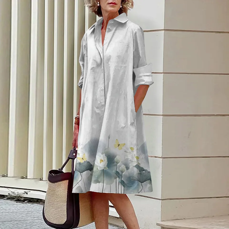 Elegantné kvetinové tlačidlo Button Down Down Dress Dress Turning Golier Jednopradé večerné večierky Dámske dámske šaty s dlhým rukávom maxi