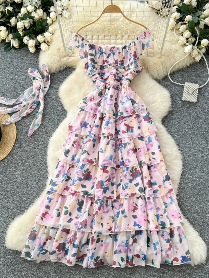 Elegantné kvetinové šifónové šaty Ženy Letná dovolenka Vytlačená dlhé vesty volitá sexy lomítko krk vintage midi pláž pláž