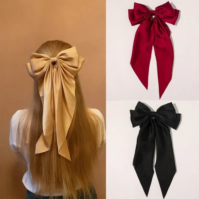Elegantné luk s dlhým pásom na vlasové klip Simple Solid Sain Spring Clip Fashion Hairpin Retro čelenka s klipmi dievčenskými vlasovými doplnkami