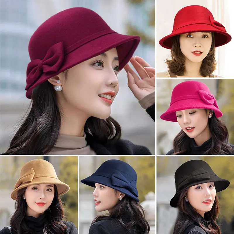 Elegantné luknotknoty vlny dámy klobúk na jeseň zima fedoras žien Panama klobúk kupol plstená svadobná kostol jazzová čiapka ženský nadhadzovač