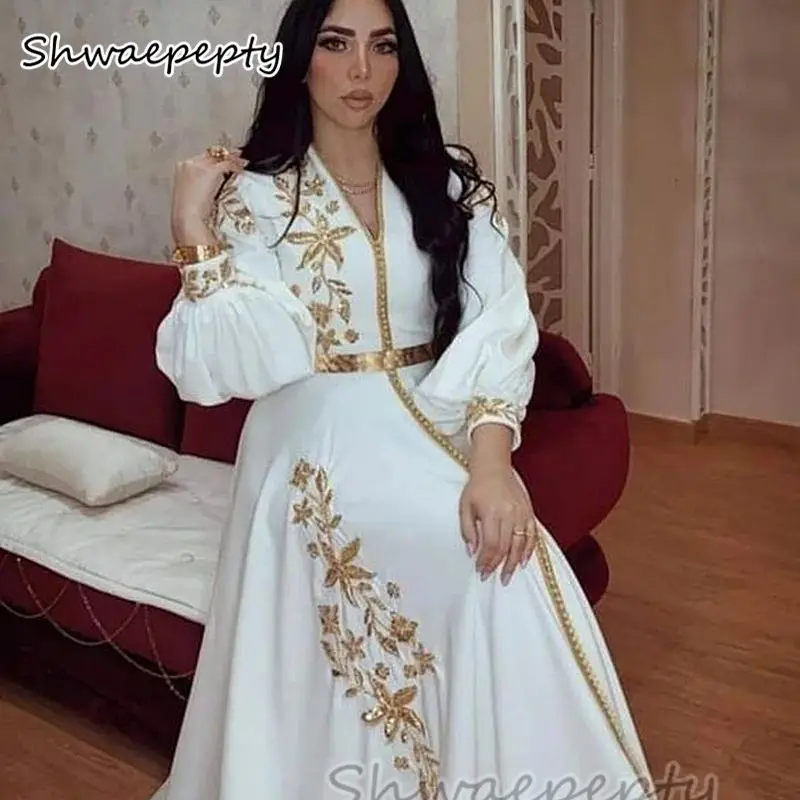 Elegantné marocké večere Kaftan Večerné šaty s dlhými rukávmi V-krk biele saténové šaty