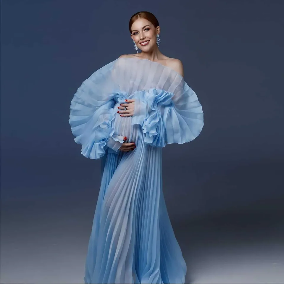 Elegantné modré materské šaty fotografie bábätko šaty šaty skladané rukávy číre organza materské šaty na fotenie