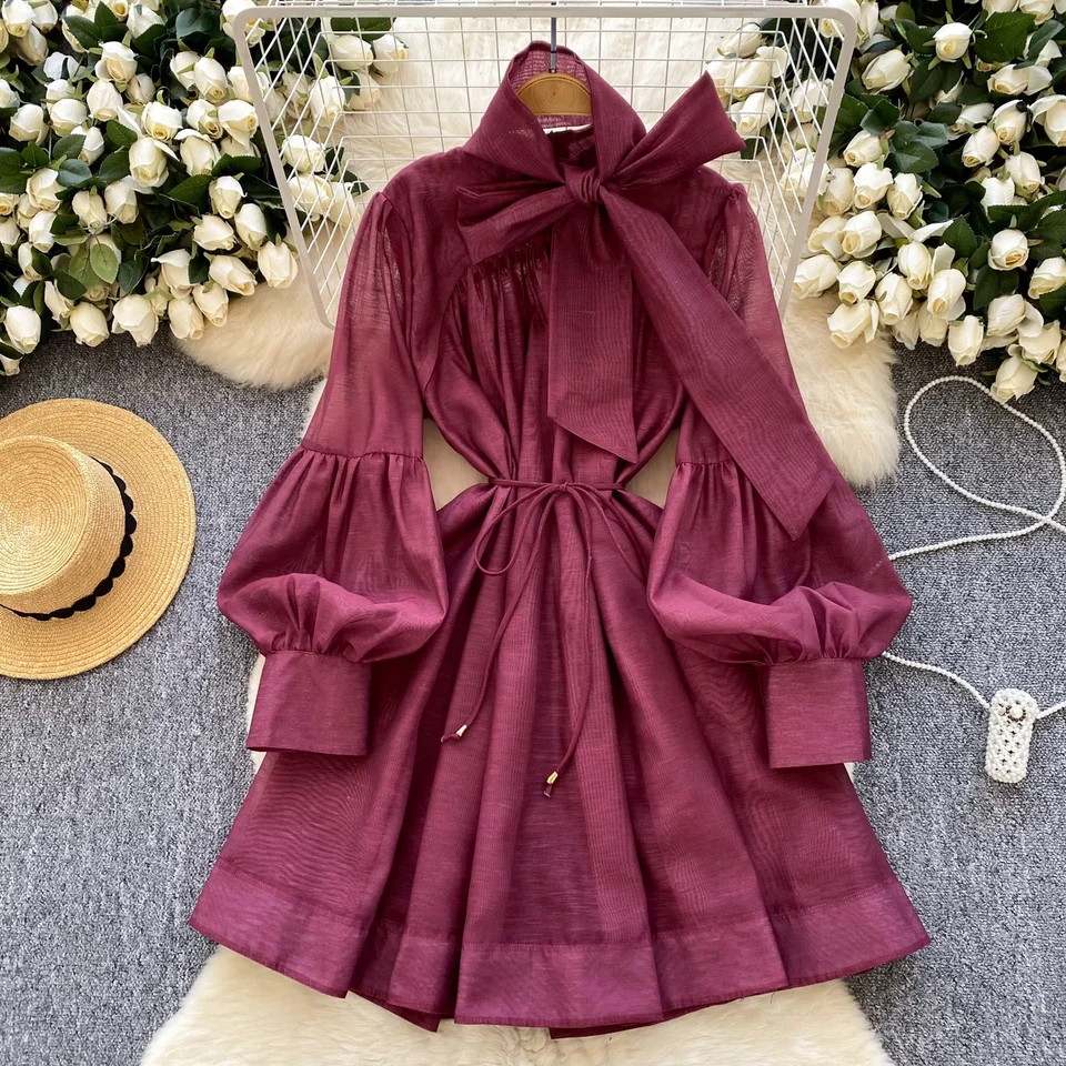 Elegantné motýľové luku vintage šnurovacie šnurované elegantné lucerné rukávy štíhle dlhé šaty večer High Street Jeseň zimné oblečenie