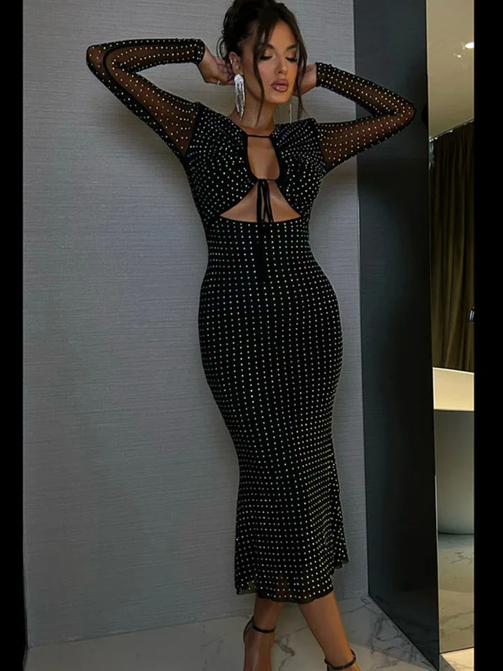 Elegantné módne flitry s módnym flitrom kravaty maxi šaty s dlhým rukávom obväz Club Party Outfit