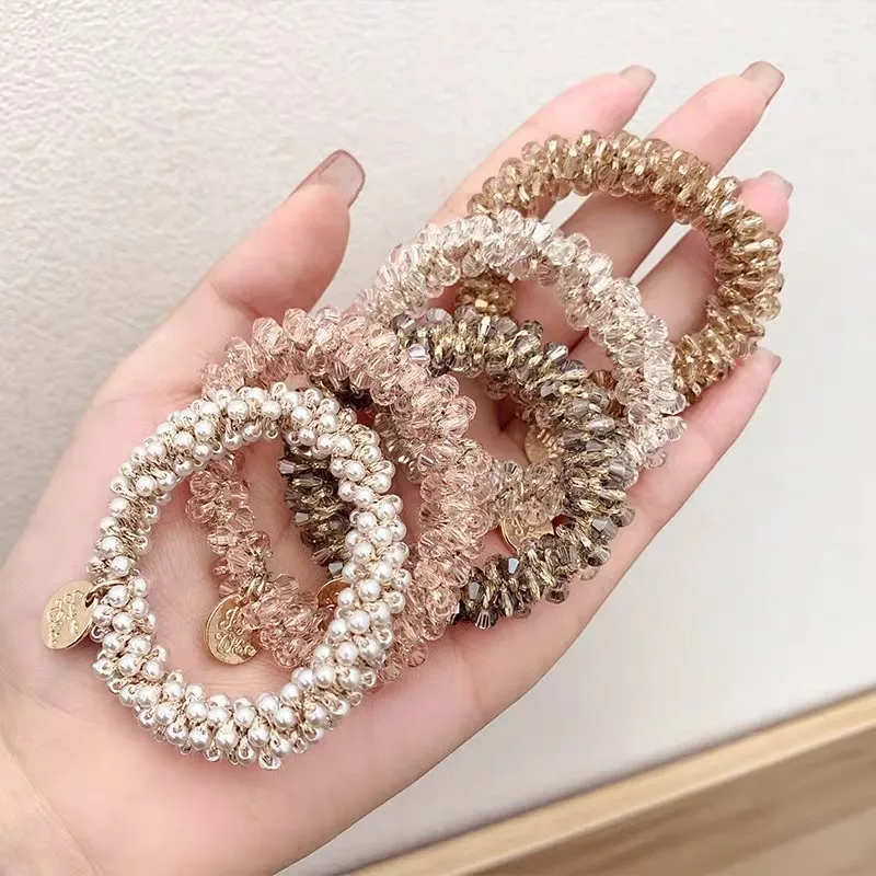 Elegantné perly krištáľové scrunchie so zlatými mincami hrubé silné elastické ženy Vlasové väzby Príslušenstvo