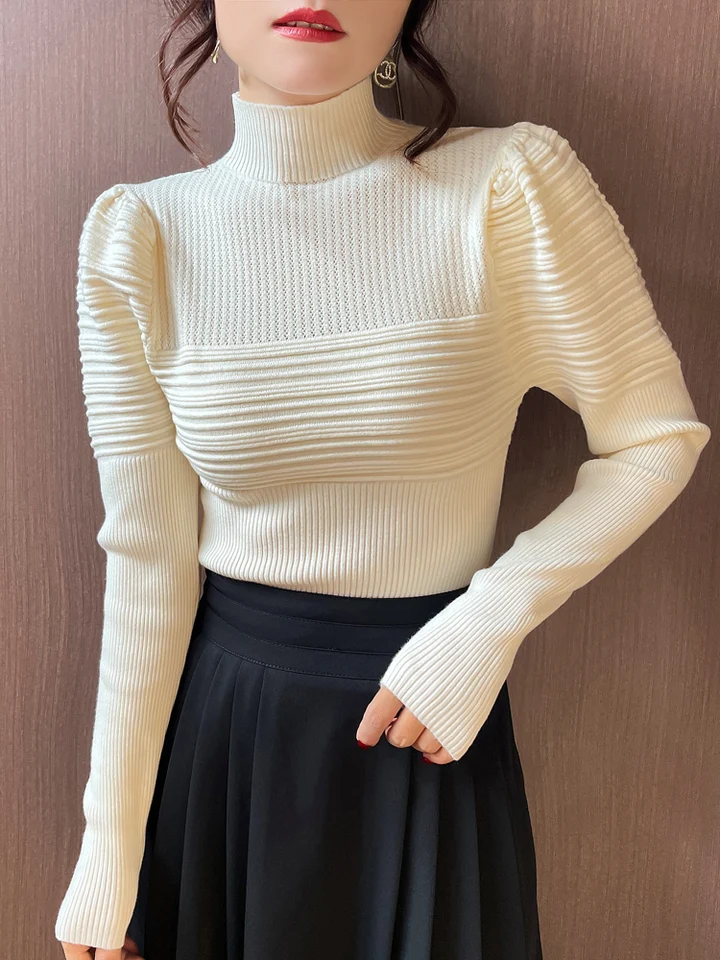 Elegantné pevné základné pletené topy Ženy Turtlneck Sweater Puff Ruckve Casual Sliver Pullover Kórejské módne jednoduché elegantné oblečenie