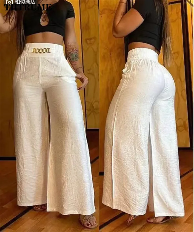 Elegantné pevné široké nohavice módne ženy Summer Vysoký pás Straight Flared Pant Casual Office Lady Prázdniny voľné elegantné nohavice