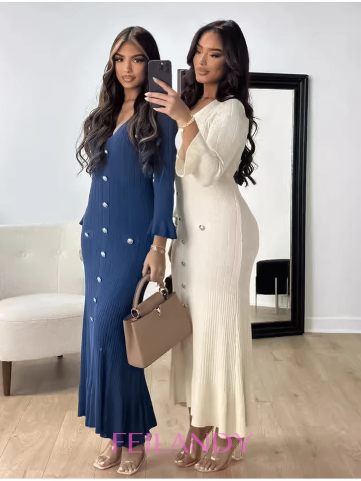 Elegantné pletené dlhé šaty Ženy Flare Sleelve V Huchy na krk single Breyted Bodycon Dresses Party módna kancelária Lady Vestidos