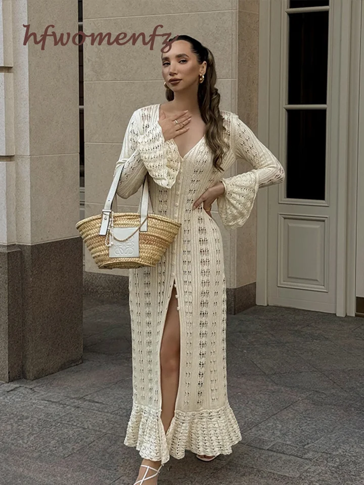 Elegantné pletené dutiny dlhé šaty Dámske plážové volácie s jednostranným plachtovým rukávom Mardigan rúcho ženské módne šaty