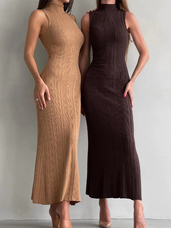 Elegantné pletené korytnačky dlhé šaty pre ženy sexy rukávy bez rukávov letné šaty Party Outfits Lady Casual Dress 2024