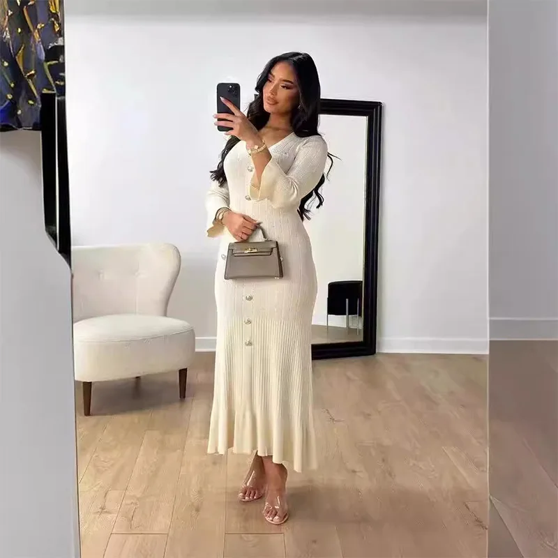 Elegantné pletené šaty Ženy módne vzplanuté rukávové rufly lem midi šaty 2024 Jeseň single single breast Slim lady rúcho