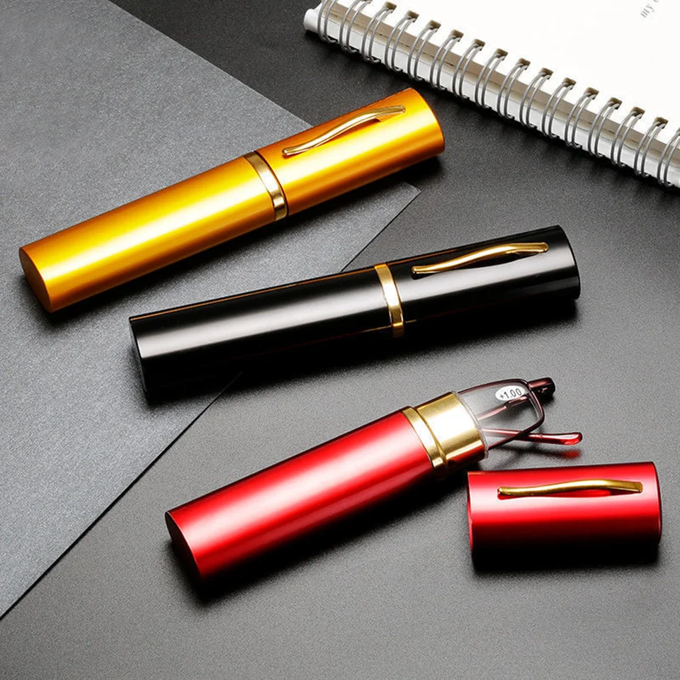 Elegantné prenosné mini čitateľské okuliare Men kovový rám Pen Box Ultra tenké ženy ultra ľahké presbyopia okuliare s krabicou