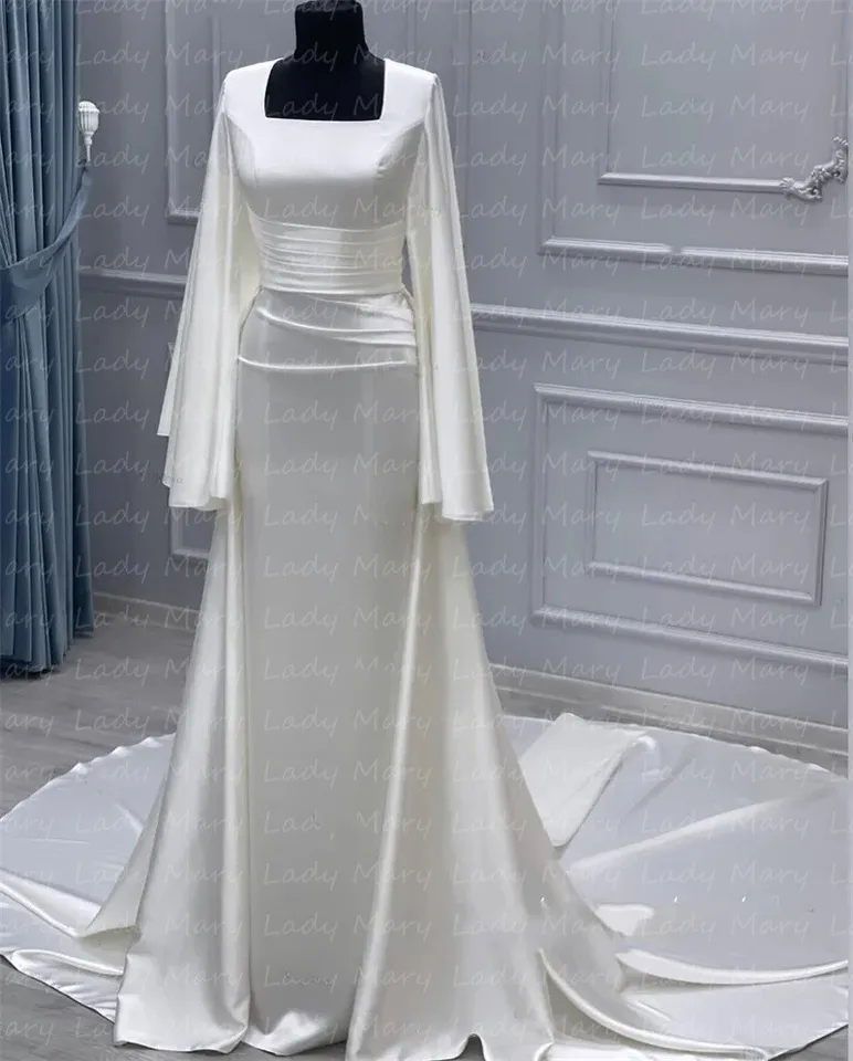 Elegantné prispôsobené štvorcové krk Moslimské svadobné šaty saténové plné rukávy zametajú vlak formálne svadobné šaty rúcho de mariée