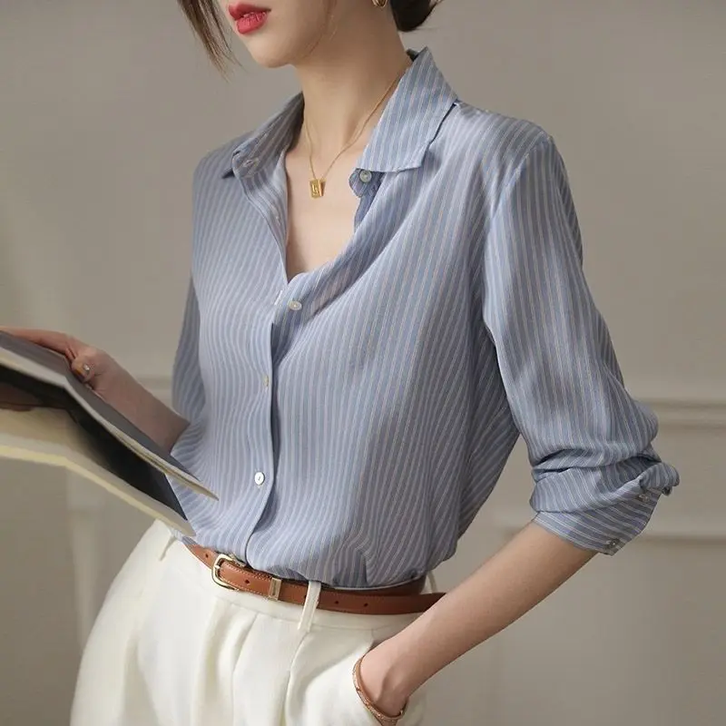 Elegantné pruhované voľné košele vrcholy jar jeseň Nové s dlhým rukávom polo krk šifón All-Match Blouse Blouse Office módne odevy