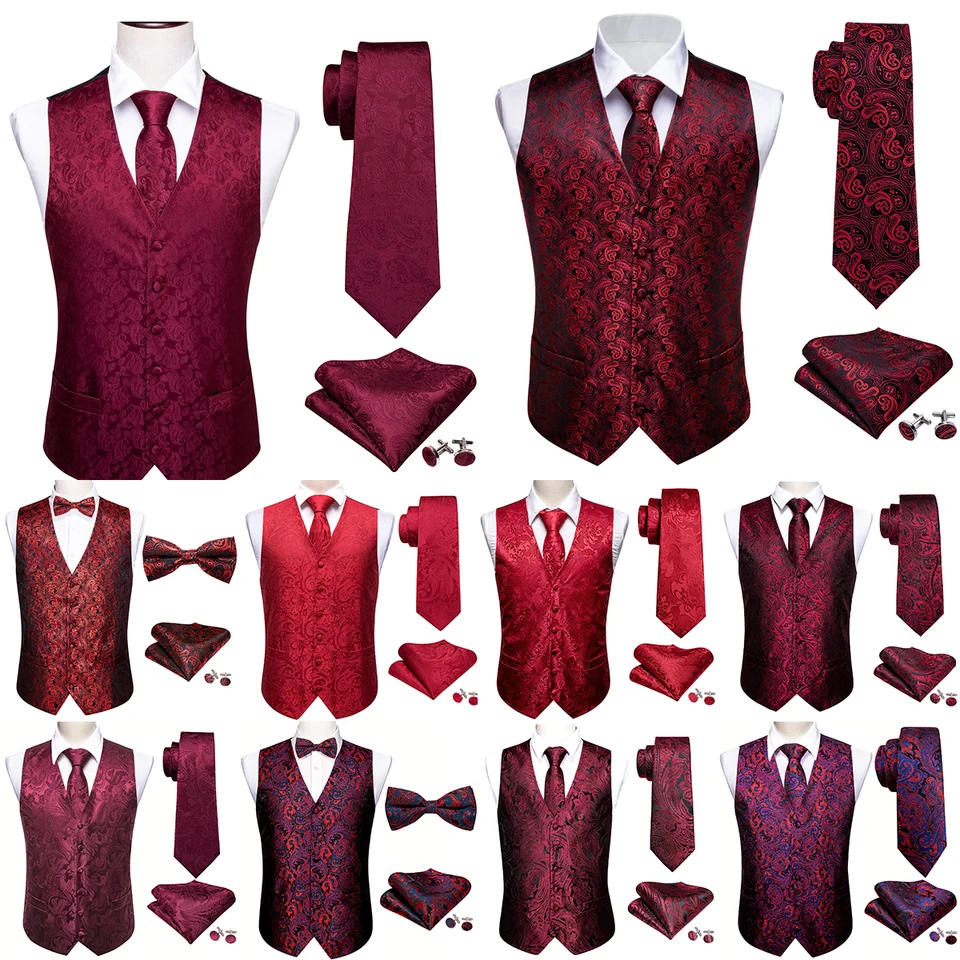 Elegantné pánske vesty šaty hodvábne vyšívané červené burgundské kvetiny Paisley Formal Suit kravata s kravata