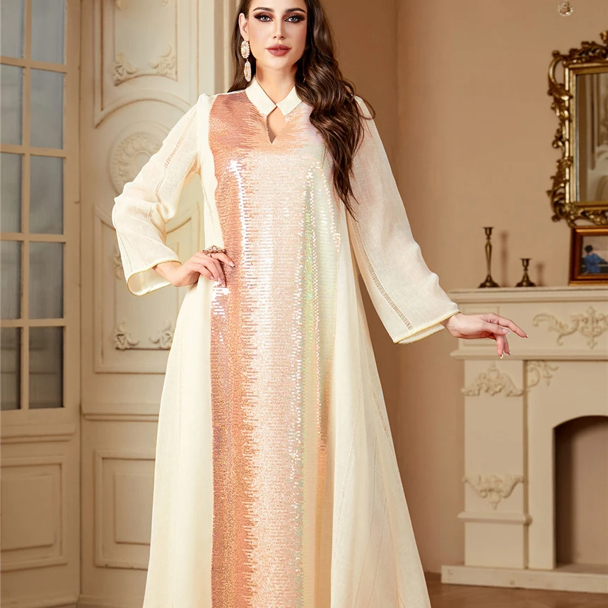 Elegantné ramadánové flitre obliekajú nové abaya dubaj brief Polyester kaftan marokain rovný rukáv moslimské moslim