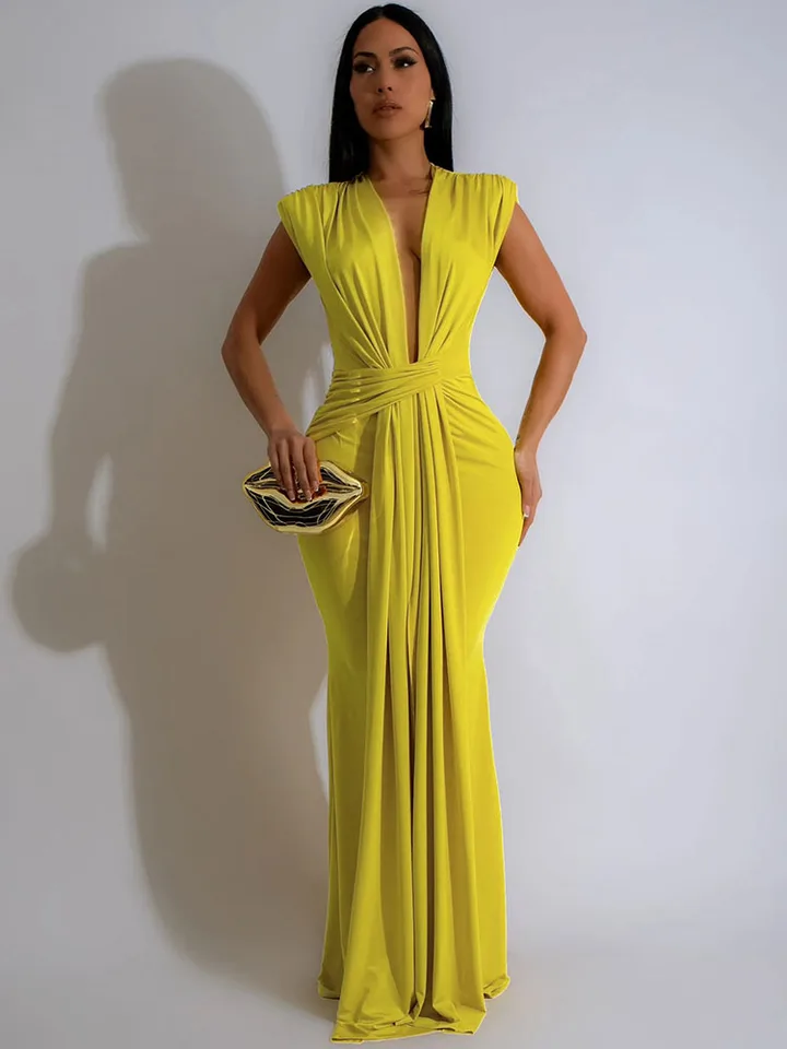 Elegantné rušené šaty Bodycon maxi šaty pre ženy narodeninové večierok večer Prom hlboký krk v krku celebrity formálne dlhé šaty