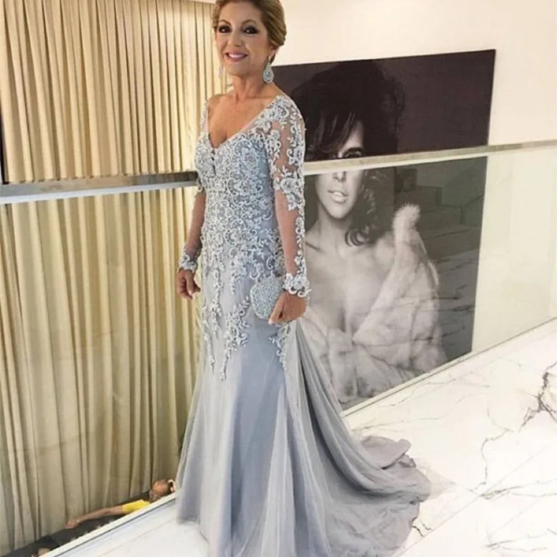 Elegantné s dlhým rukávom Matka nevesty šaty V-krk Tulle čipka