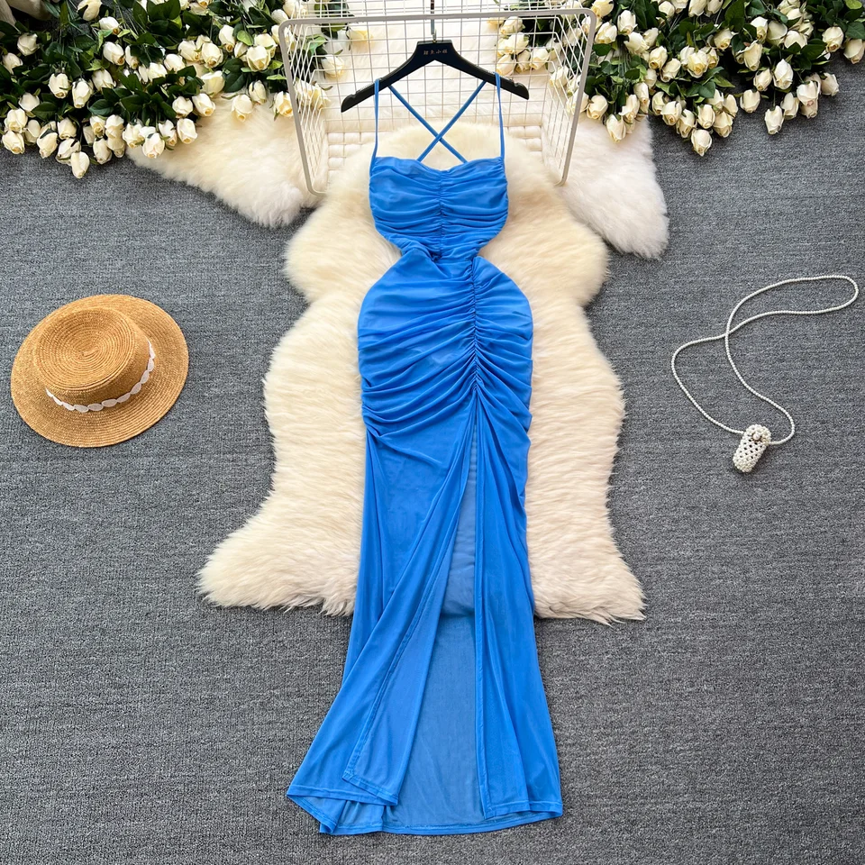 Elegantné sexy bez rukávov bez zákruty skladaných šmykových šmykových šiat štíhly vysoký pás večer Čierne šaty ceruzky Ženy letné oblečenie