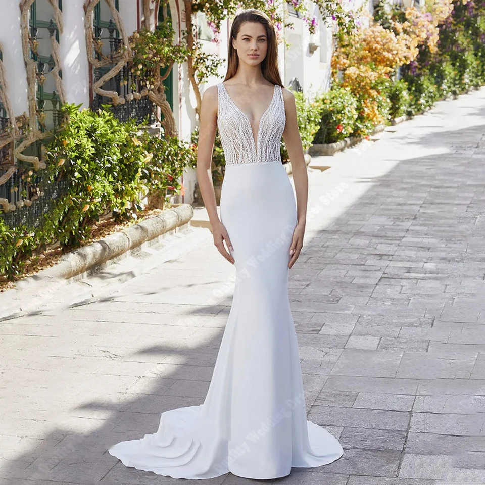 Elegantné sexy V-krstné ženy svadobné šaty ručne vyrobené Mermaid Svadobné šaty moppingová dĺžka zásnubná guľa Vestidos de novias 2024