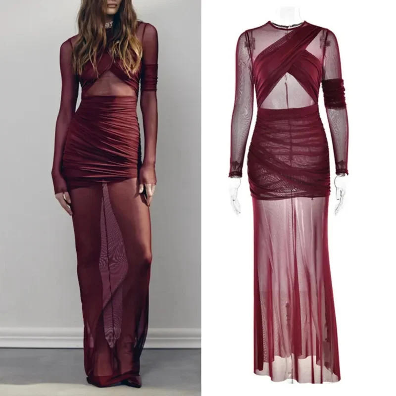 Elegantné sieťoviny Ruched Sexy Maxi Dress Dámske módne patchwork Pozrite sa cez dlhé rukávy šaty Bodycon Dresses Lady Club Party Evening Rúch