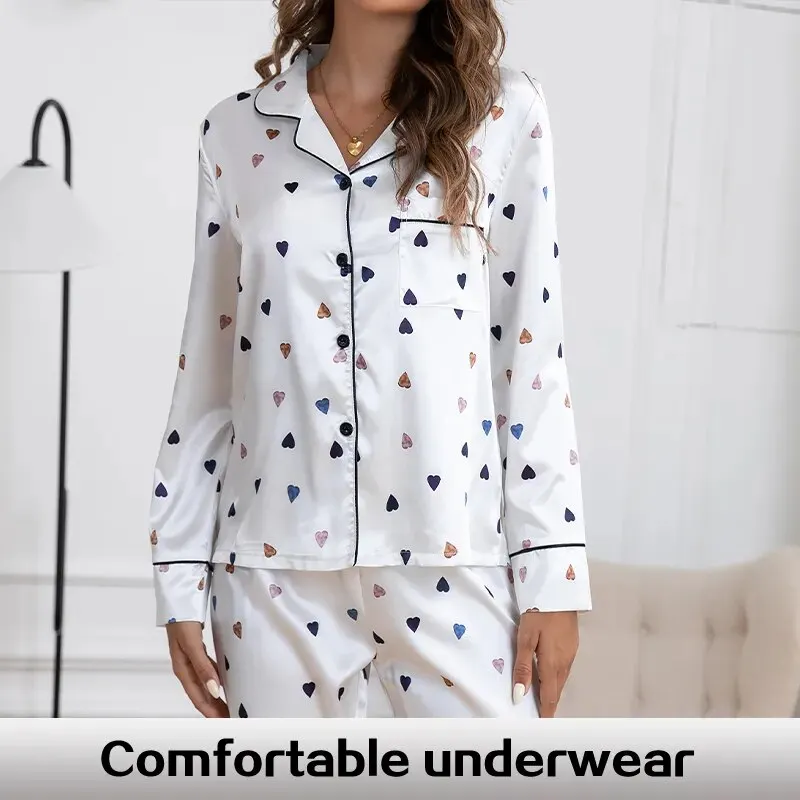 Elegantné srdce tlačené sexy pyžama set s dlhým rukávom Top a elastické nohavice na pás