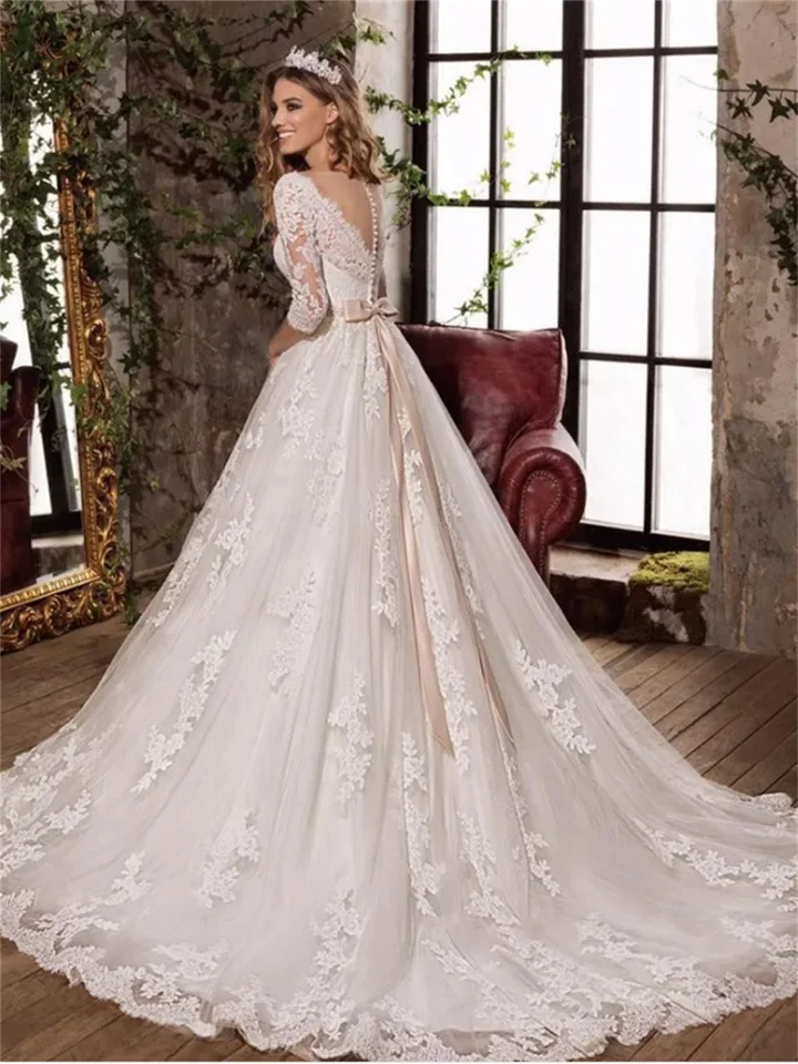 Elegantné svadobné šaty s dlhým rukávom 2025 Elegantné svadobné šaty Appltiquéd Romantické prispôsobené šaty na podlahu Vestidos de Novia