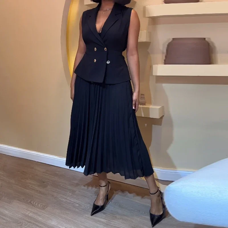 Elegantné súpravy oblečenia Ženy skladané sukne Pracovné večierky y2k topy Tops Black Blazer bez rukávov bez rukávov