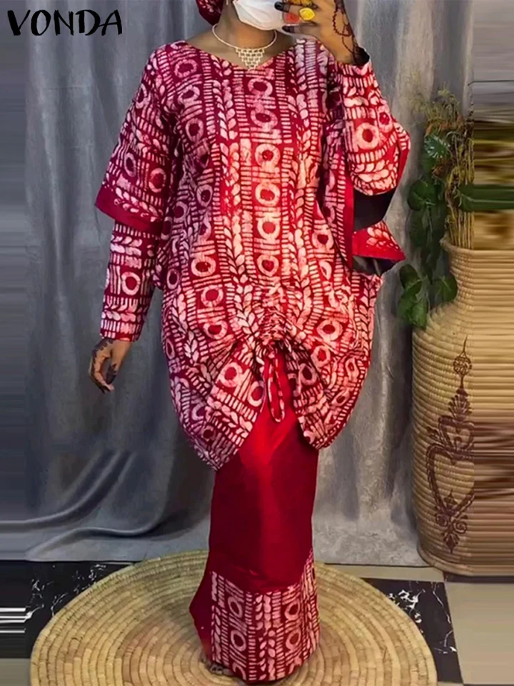 Elegantné súpravy Vonda Elegantné súpravy 2024 České tlačené oblečenie s dlhým rukávom Top+polovica sukne dvojdielne súpravy Príležitostné voľné dovolenkové obleky