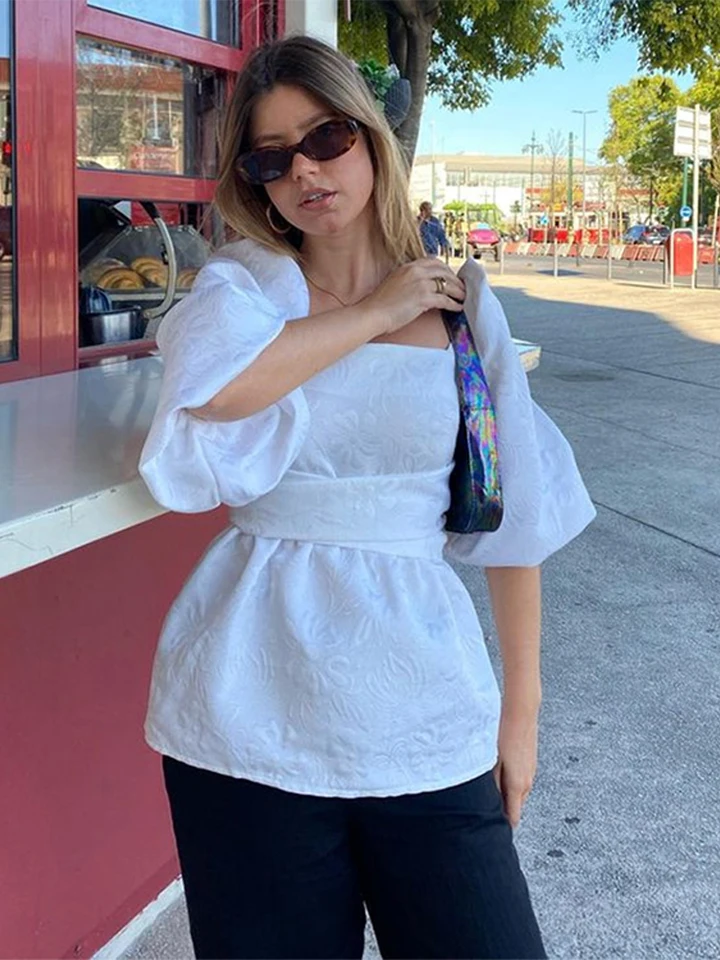 Elegantné tričká s dlhým lucernom s dlhými lucernymi Dámske tričká Dámske kvetinové blúzka s kvetinovou blúzkou s opaskom Summer Street Chic Lady Tops