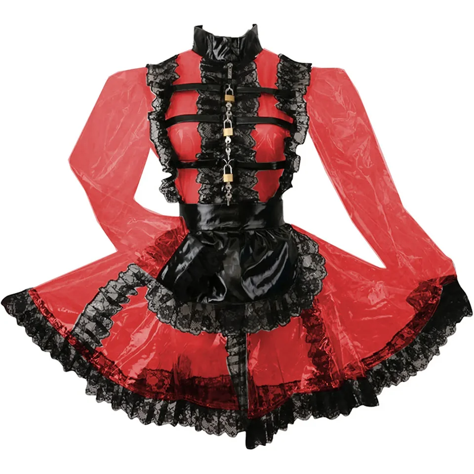 Elegantné uzamykateľné predné zipsové slúžky Outfits Black Lace Frills s zásterou High Neck Cosplay kostým Glossy PVC Mini Party Uniforma