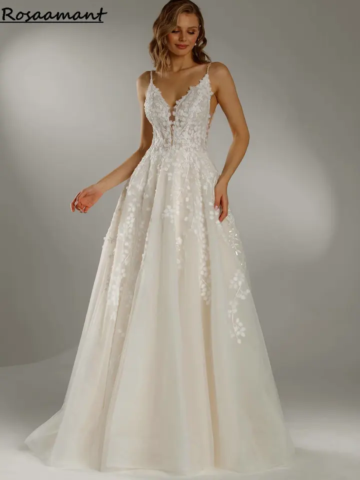 Elegantné V-krstné špagety popruhy A-line Svadobné šaty bez spätných aplikácií čipky boho country svadobné šaty