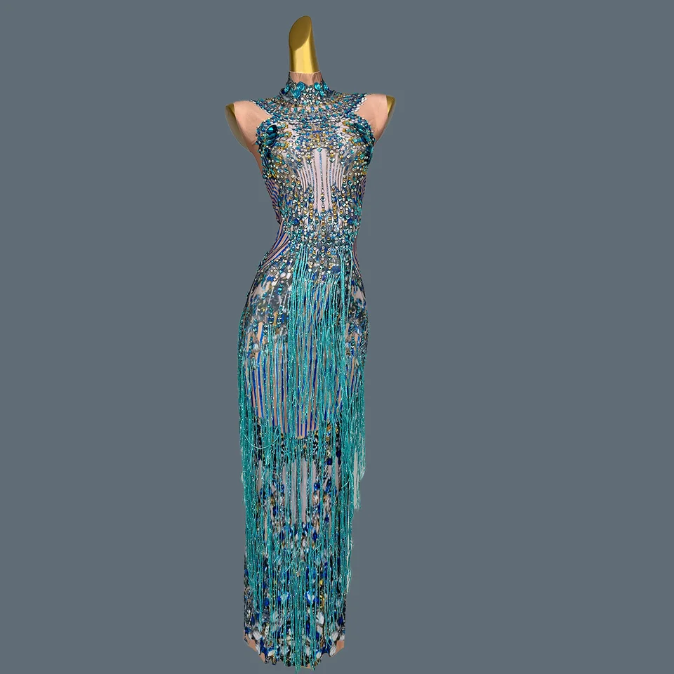 Elegantné večerné šaty Žena sexy spandex Tassel flitre modré dlhé šaty narodeninová oslava kráľovná fantázií iskrivý kamienok Landianzi