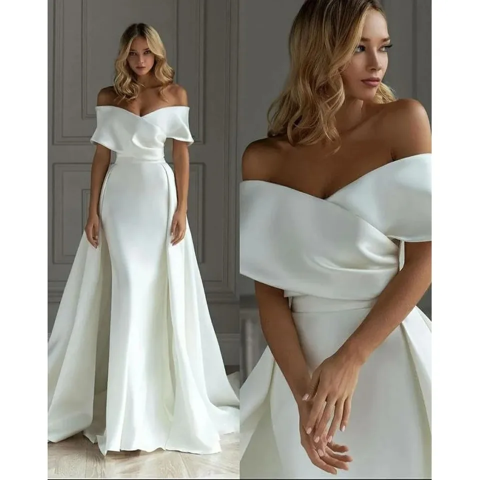 Elegantné z ramena svadobné šaty módne skladaný súdny vlak saténové morské panely Chic Drachable Sukne Bride šaty