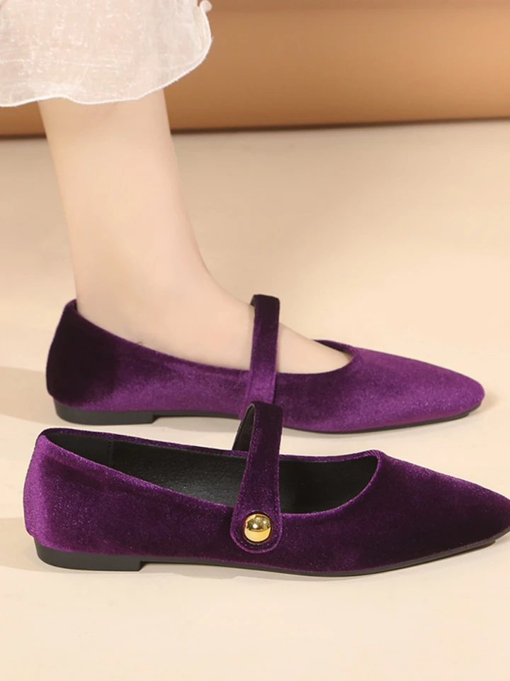 Elegantné zamatové baletné byty Žena luxusná velor Mary Jane Shoes Dámska špicatá špička spony popruhov v fialovej zelenej farbe