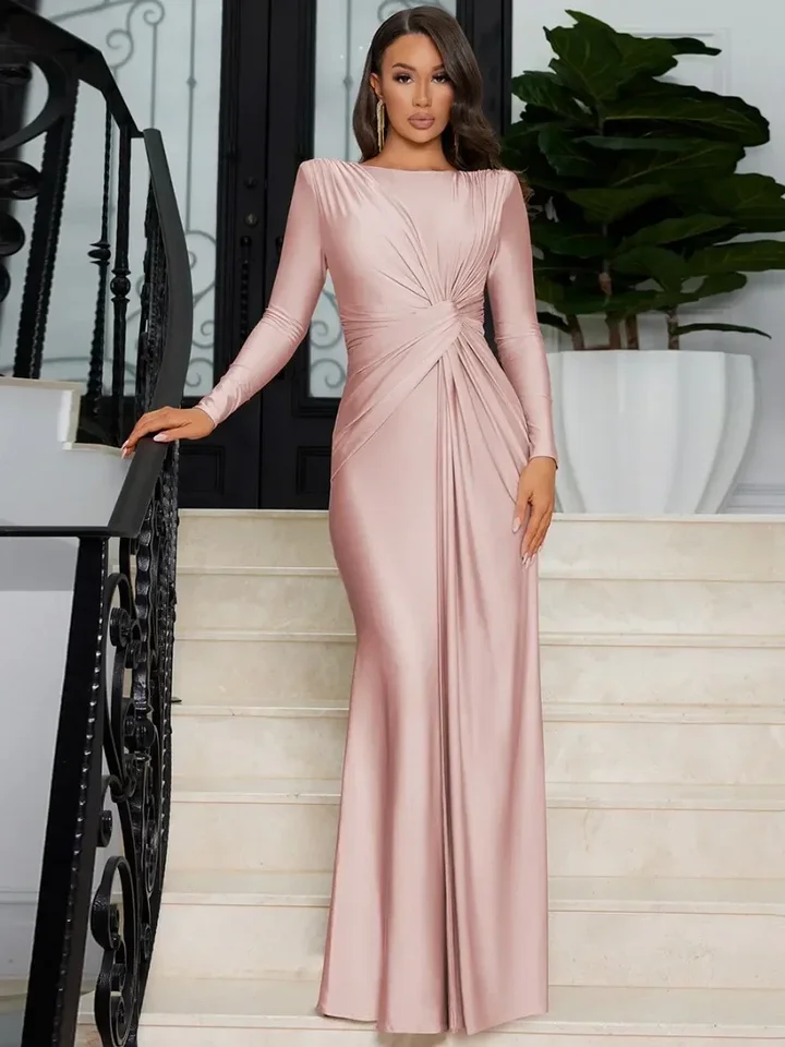 Elegantné záhyby s vysokým pásom dlhé maxi ružové šaty pre ženy 2024 Fall O-Neck dlhý rukáv Tunesky Slim Solid Party Večerné šaty