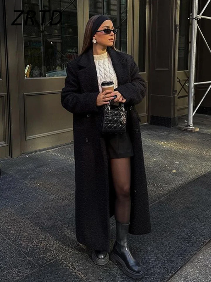 Elegantné čierne dámske dámske dlhé kabáty voľné klope Double Breated Full Ruckve Female Námestie 2024 Jesenná zimná dáma Street Outwear