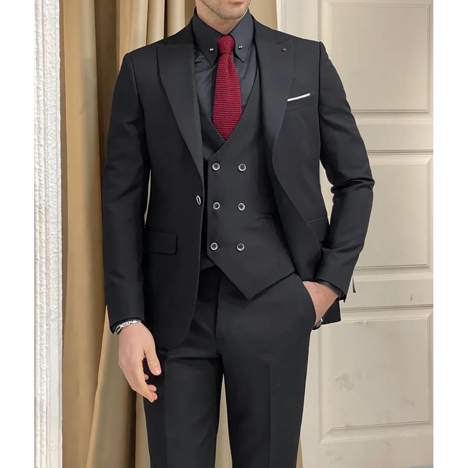Elegantné čierne single Breyted Men oblečené tri kusy (bunda+nohavice+vesta) Prom