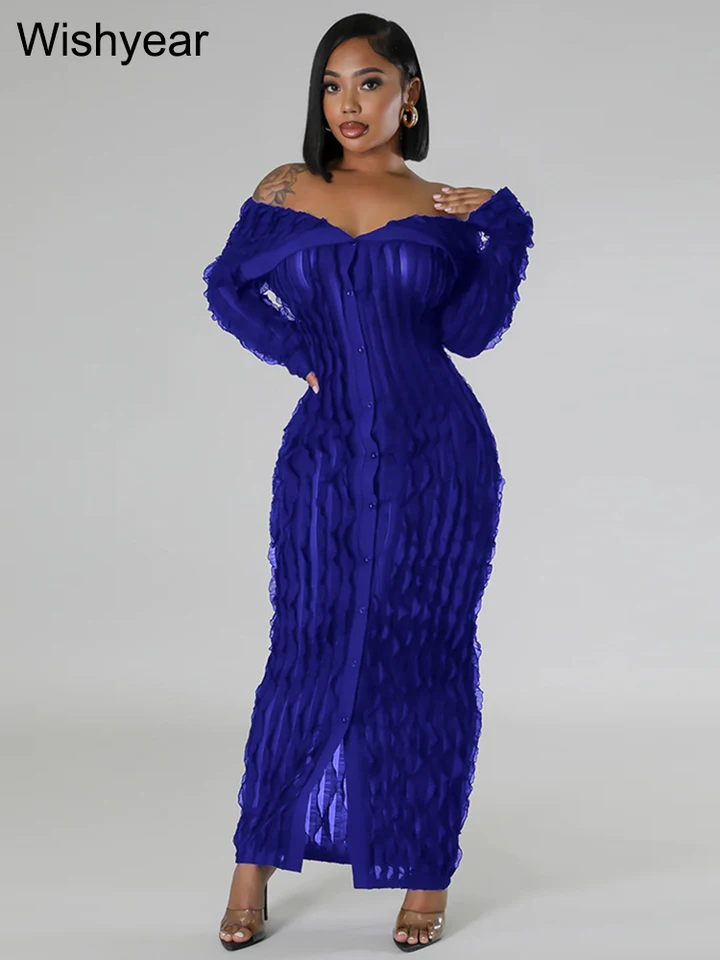 Elegantné čipky na šupky maxi šaty pre ženy pre ženy sexy lomítko z ramena s dlhým rukávom Slim Night Club Party narodeninové šaty