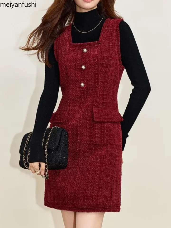 Elegantné šaty bez rukávov pre ženy, ktoré majú štvorcový výstrih jesenný a zimný kombinácia elegantnej vysokej ulice Office Wear