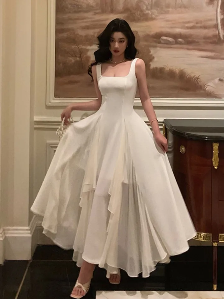 Elegantné šaty pre ženy voláva Sundress Evening Party Days Days bez rukávov Square Collar A Line New Prom Robe Kórejský Vestidos