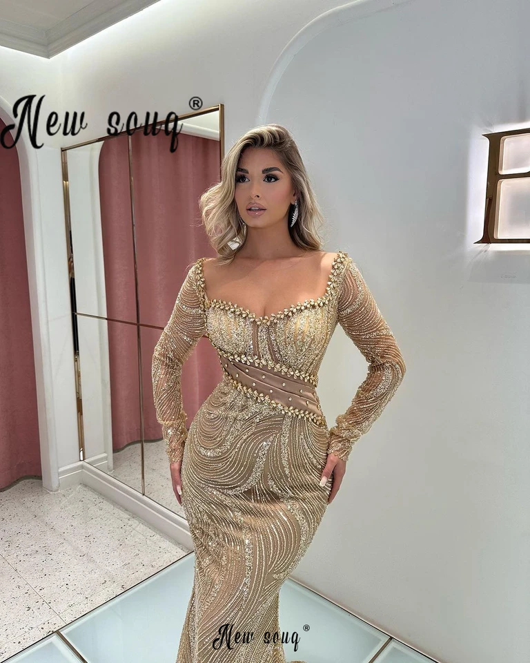 Elegantné šaty Zlatého krištáľového večierku s dlhým rukávom štvorcový krk Mermaid Svadobný obrad šaty luxusné celebrity šaty večerné šaty