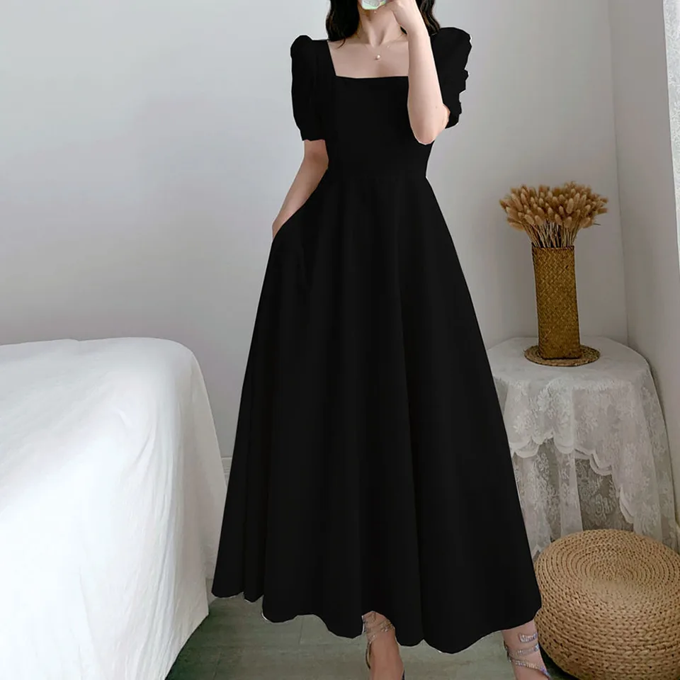 Elegantné štíhle fit s dlhou sukňou letné nadýchané rukávy štvorcový krk biely dámsky dámske dámske ležérne šaty