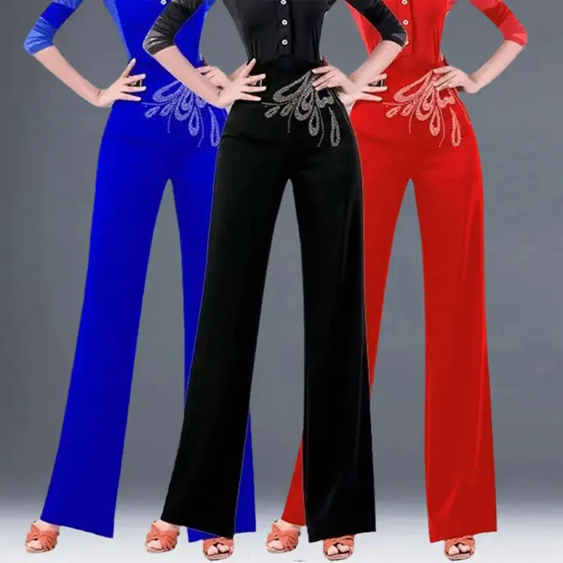 Elegantné ženy diamanty módy široké nohavice sály elastické high latinské latinské nohavice Moderné priame latinské valcové nohavice