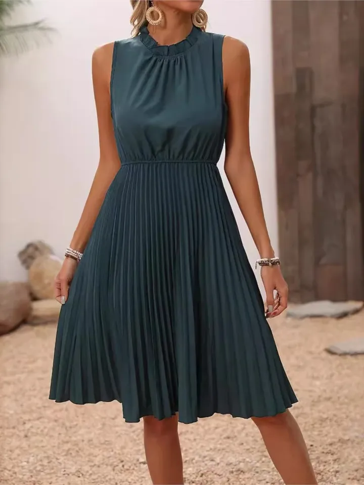 Elegantné ženy módne pevný bez rukávov skladané midi šaty 2024 letný okrúhly krk vintage ležérne voľné slnečné okuliare y2k Vestidos