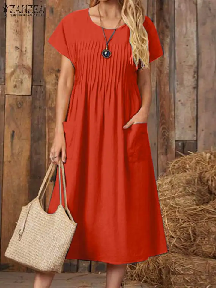 Elegantné ženy Sundress Summer O-Neck Krátke rukávy šaty Zanzea Fashion Solid Sleteed Šatyses ležasné prázdninové pláž Vestidos rúch