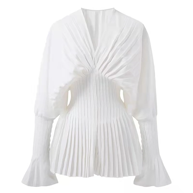 Elegantné ženy uvoľnené biele výkrikové košele Preatované košele ženské lucerny s plným rukávom Topy blúzky Bluses Casual Blusas 2024 jarné leto DS4